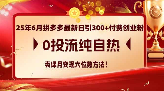(6.7)25年6月拼多多最新日引300+付费创业粉，0投流纯自热 卖课月变现六位数方法