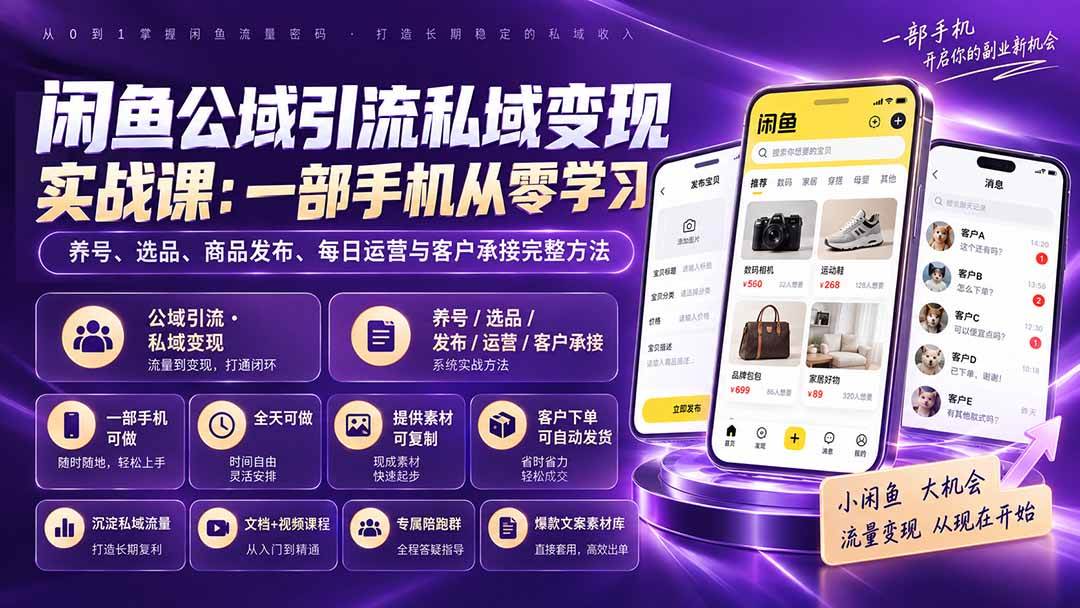 (9.09)咸鱼公域引流私域变现实战课：一部手机从零学习养号、选品、商品发布、每日运营与客户承接完整方法